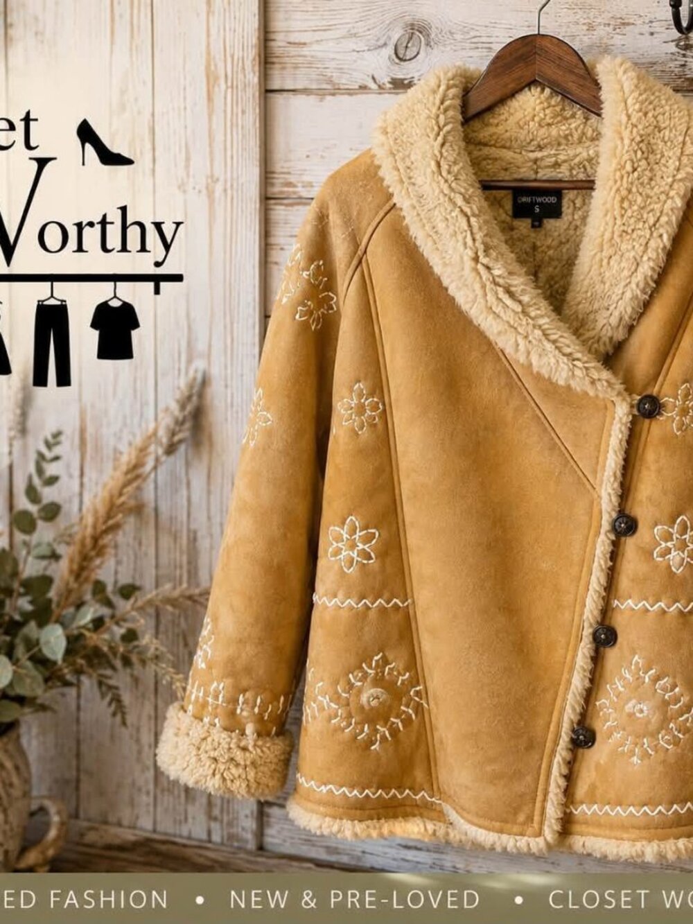Driftwood Embroidered Faux Suede Sherpa-Lined Coat – Size S
